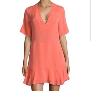 A.L.C. Delaney 100% Silk Plunge Ruffle V-Neck Mini Dress in Color Coral